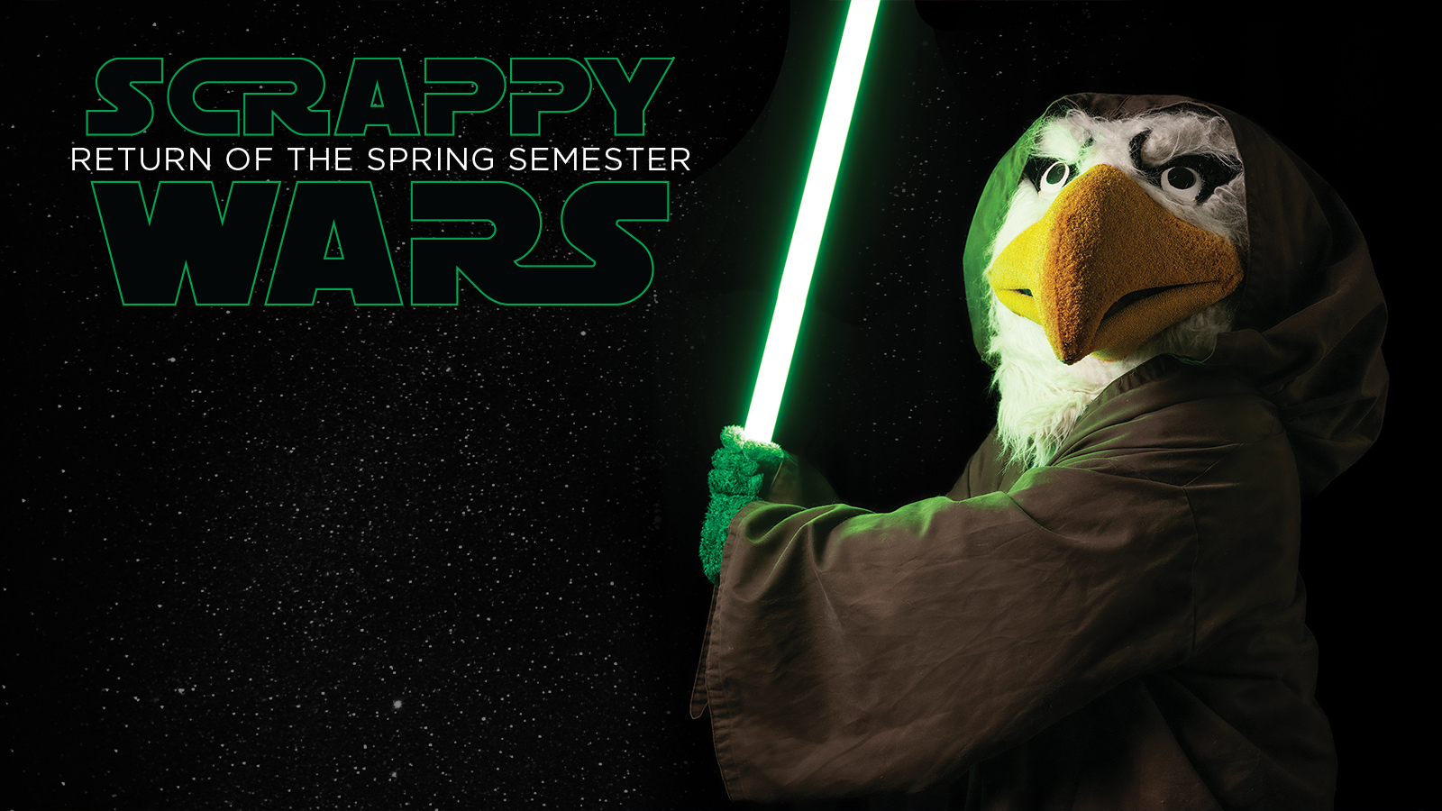 scrappy as a Jedi with text box that says "scrappy wars: Return of the Spring Semester"